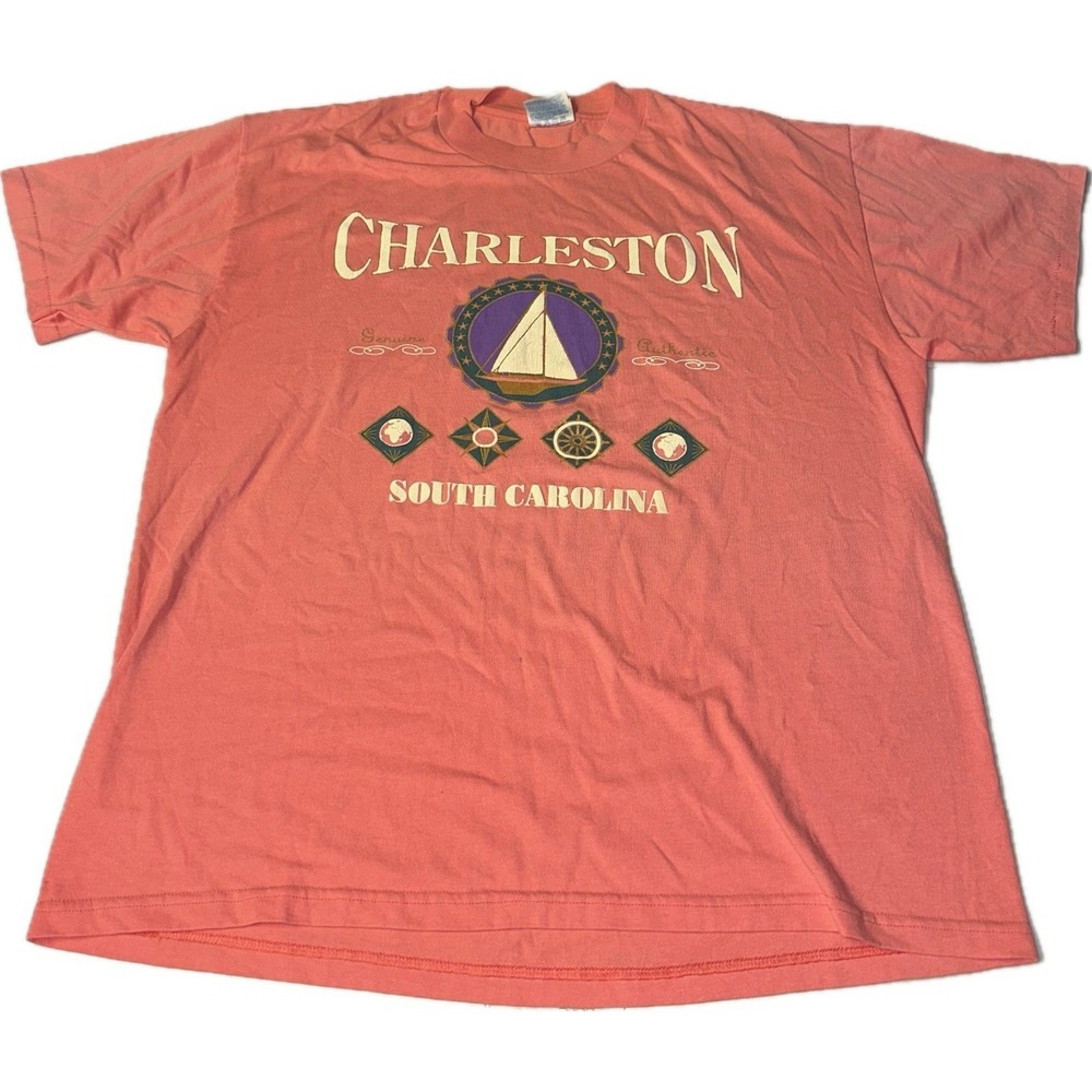 Vintage 90's Charleston South Carolina Single Stitch Salmon Color T-Shirt Tee L - Picture 1 of 4